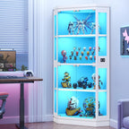 Jocoevol Corner Display Cabinet with Glass Doors, 4-Tier Display Cases for Collectibles with RGB Lights, 67'' Tall Corner Curio Cabinet with Human Body Sensor for Living/Game Room, White