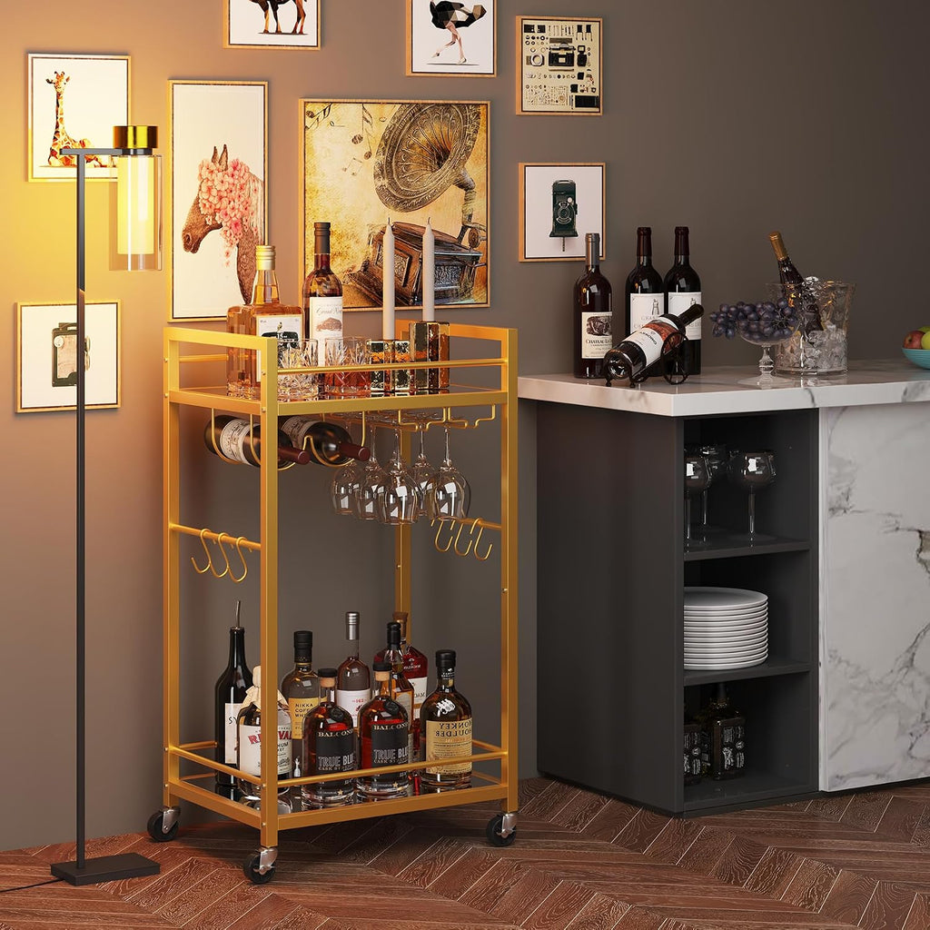 TUTOTAK Gold Bar Cart with 2 Mirrored Shelves, Wine Rack & Glass Holder | 2-Tier 17 Inch Wide Home Bar Serving Carts, Small Mobile Kitchen Shelf with 6 Hooks, Gold BC01BB031M