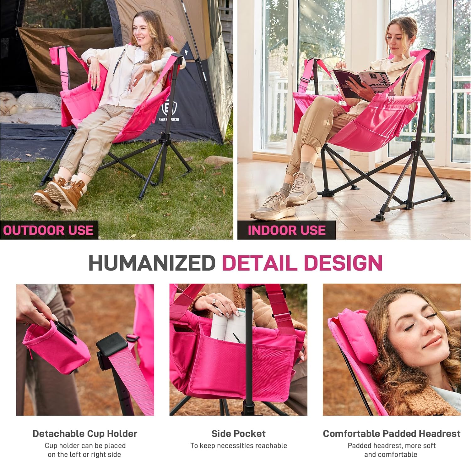 EVER ADVANCED Padded Oversized Hammock Camping Chair, Compact Heavy Duty Swing Chair with Multi-Storage Pockets, Portable Folding Rocking Camping Chair, Support Up to 400lbs, Pink