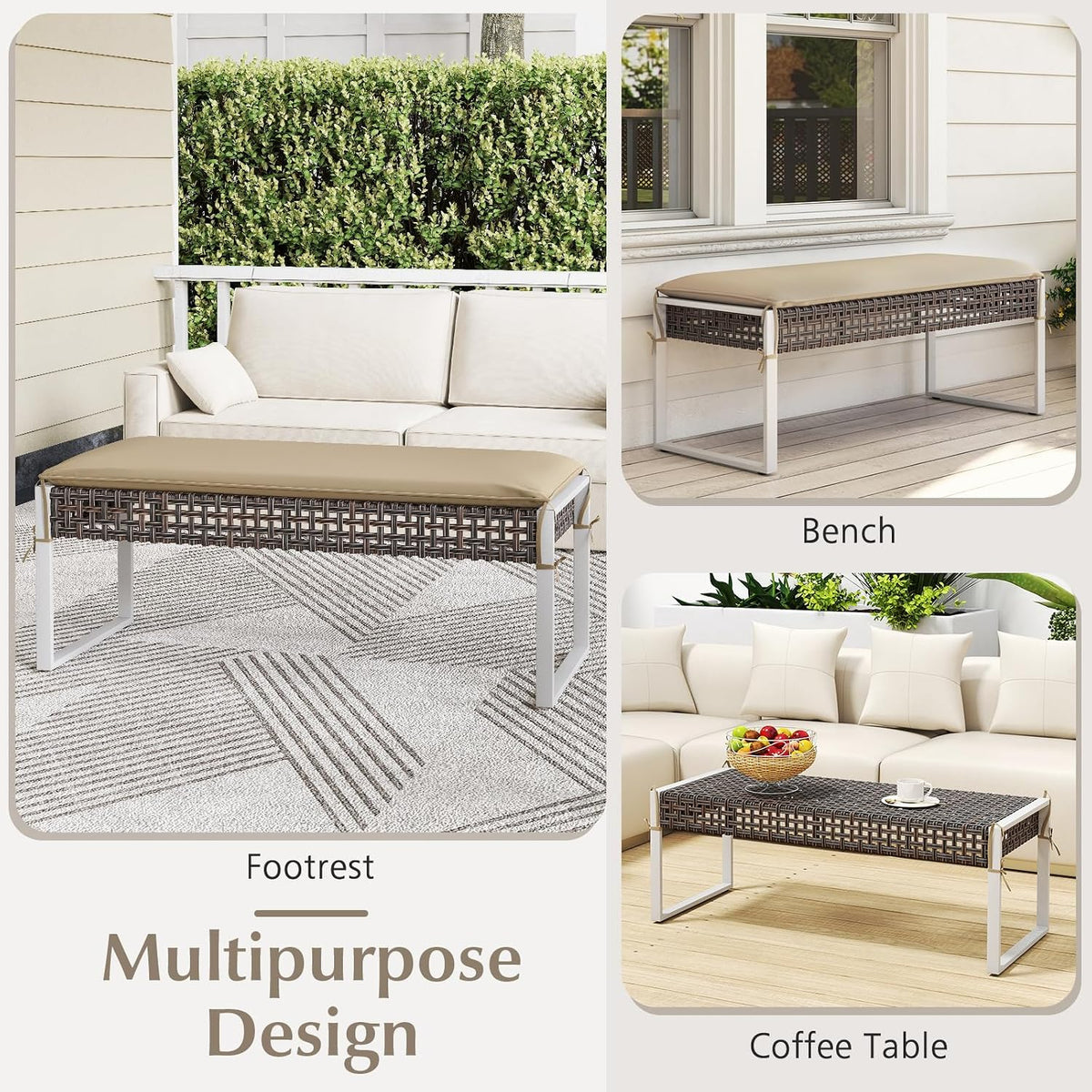 RELAX4LIFE Wicker Outdoor Ottoman Footstool - Rattan Patio Foot Rest for 2 w/Soft Cushion & Metal Frame, Multipurpose Coffee Table, 43’’ Seating Bench, Foot Stool for Garden Porch Backyard (1)