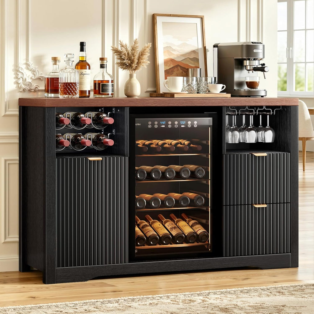 Coffee Bar Cabinet with Mini Fridge Space, 53"Wine Cabinets with Storage | Wood Fluted Liquor Cabinet with Storage Drawer, Wine Rack,Glass Holder for Home, living Room,20"D x 53"W x 39.4"H-Black
