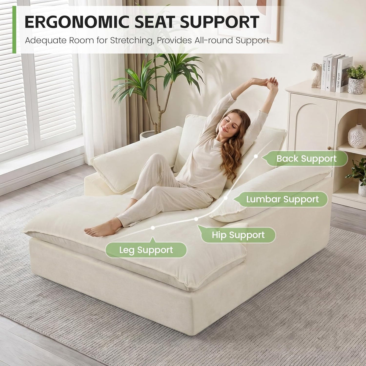 HUBSON 69" Oversized Chaise Lounge Chair Indoor, Comfy Deep Seat Sleeper Lounge Couch, Upholstered Chenille Cloud Chairs for Living Room, Bedroom, Apartment, No Assembly Required, Beige