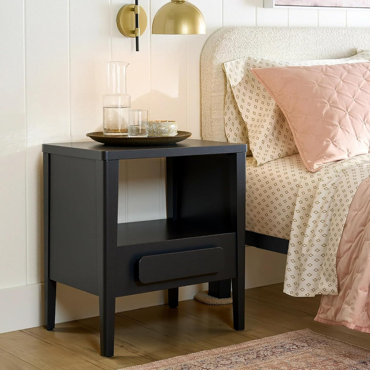Modern Nightstand, Sustainable Hevea Premium Solid Wood Frame - Bedside Table - End Table with Ball Bearing Slide - Drawers Real Wooden Cabinet Organizer for Bedroom (Midnight Charcoal)