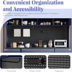 Merax Freestanding 63" W Buffet with Hutch, Large Coffee Bar Storage Cabinet with 6 Drawers, 5 Cabinets with Adjustable Shelves, Pegboard, Towel Rack, Blue