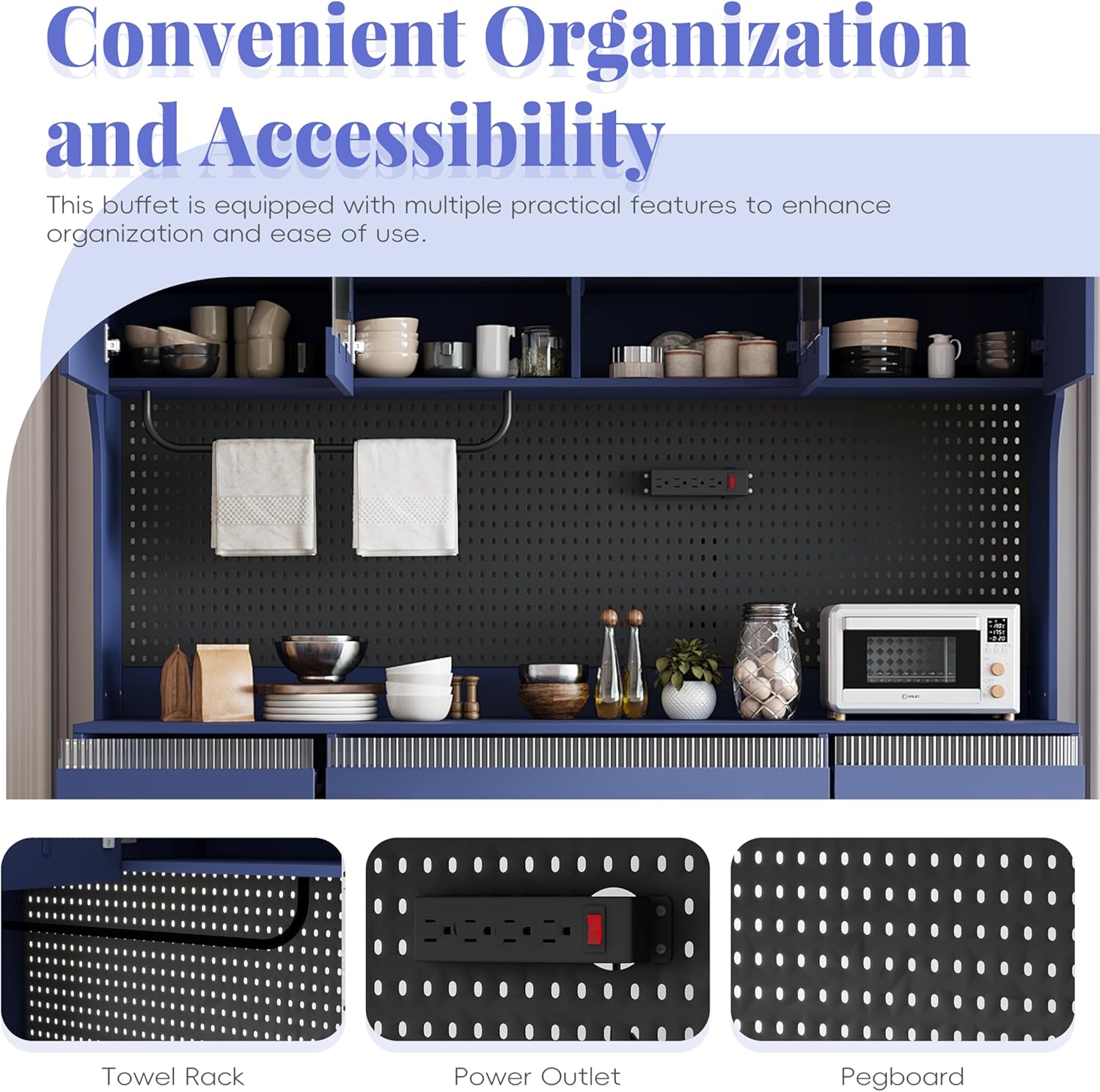 Merax Freestanding 63" W Buffet with Hutch, Large Coffee Bar Storage Cabinet with 6 Drawers, 5 Cabinets with Adjustable Shelves, Pegboard, Towel Rack, Blue
