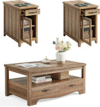 LINSY HOME Farmhouse Coffee Table Sets 3 Pieces, Wood Living Room Table Set Include 41" Coffee Table, End Table Set of 2, Brown