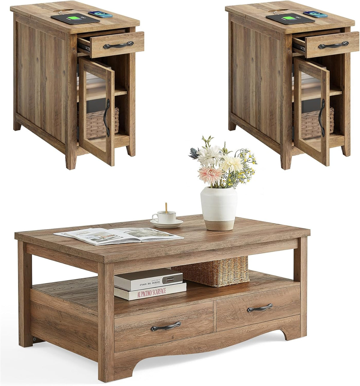 LINSY HOME Farmhouse Coffee Table Sets 3 Pieces, Wood Living Room Table Set Include 41" Coffee Table, End Table Set of 2, Brown