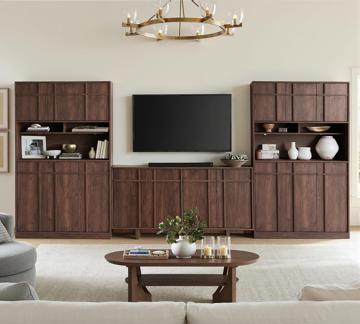 72" Pantry Cabinet, Tall Kitchen Pantry Storage Cabinet with Countertop, Adjustable Shelves, Mid Century Modern Wooden Kitchen Hutch with Skeleton Lines for Living Room, Dining Room, Walnut