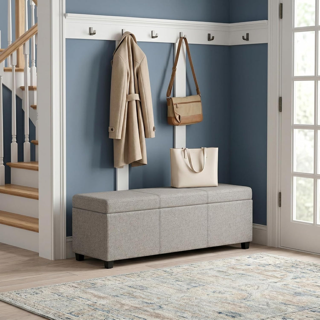 SIMPLIHOME Avalon 54" Wide Linen Look Fabric Storage Ottoman in Cloud Grey | Contemporary lift-top ottoman with high-density foam; rectangle storage bench or coffee table for living room or entryway.