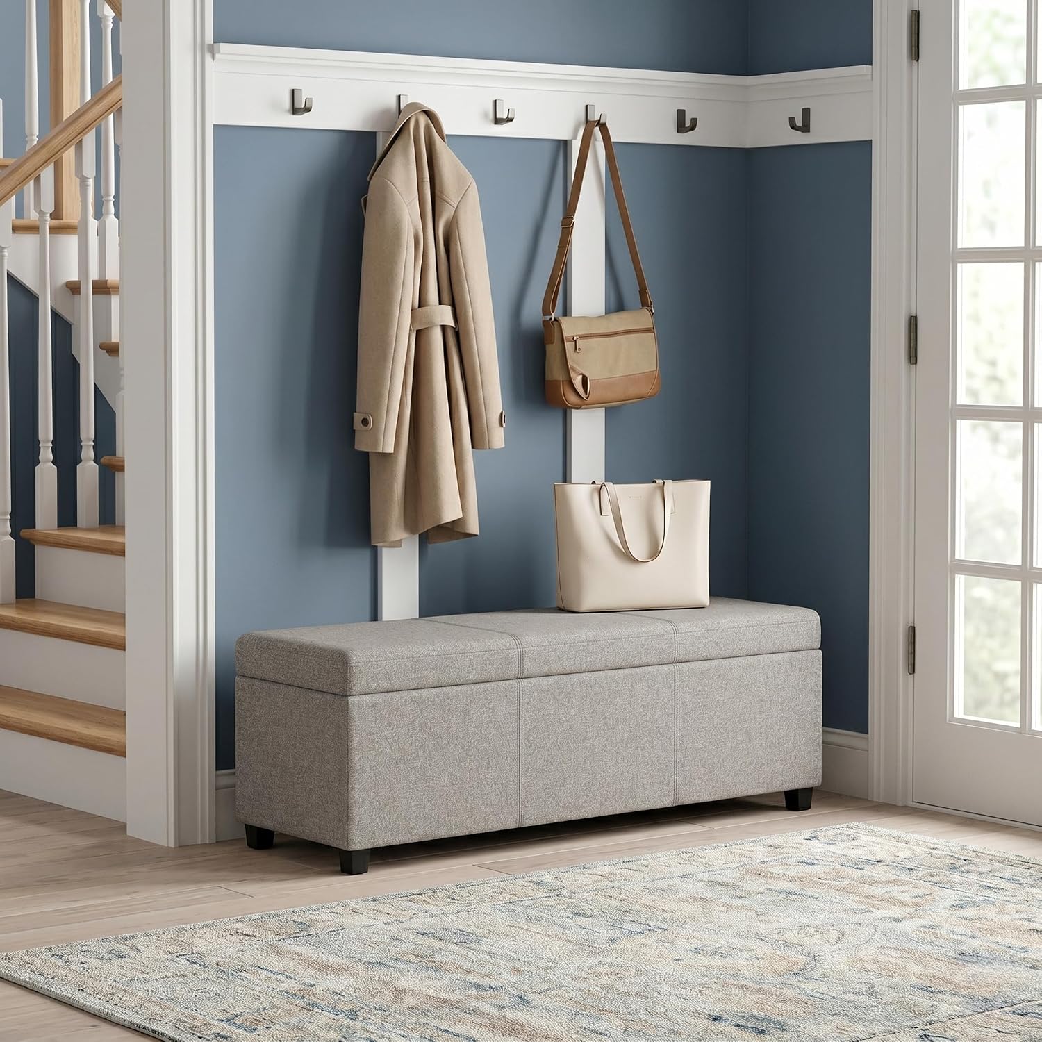 SIMPLIHOME Avalon 54" Wide Linen Look Fabric Storage Ottoman in Cloud Grey | Contemporary lift-top ottoman with high-density foam; rectangle storage bench or coffee table for living room or entryway.