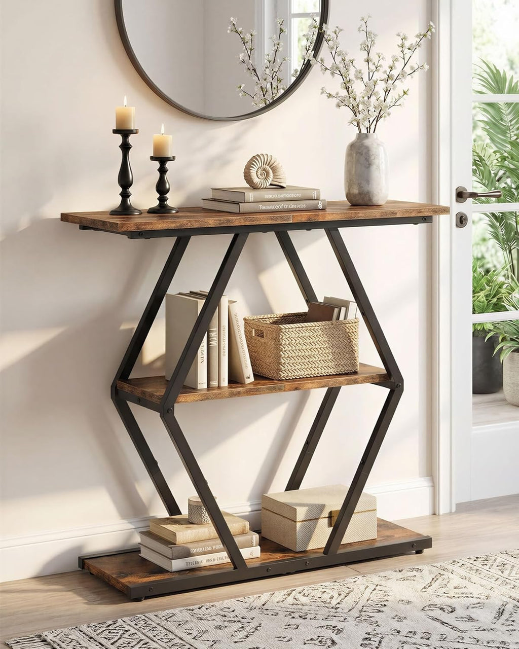 CHOEZON 3-Tier Console Table, Entryway Table, Sofa Table with Open Shelves, Diamond-Shaped Behind Coach Table, Industrial, for Hallway, Entryway, Living Room, Stairwell, Rustic Brown and Black TXG08BF