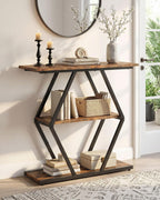 CHOEZON 3-Tier Console Table, Entryway Table, Sofa Table with Open Shelves, Diamond-Shaped Behind Coach Table, Industrial, for Hallway, Entryway, Living Room, Stairwell, Rustic Brown and Black TXG08BF