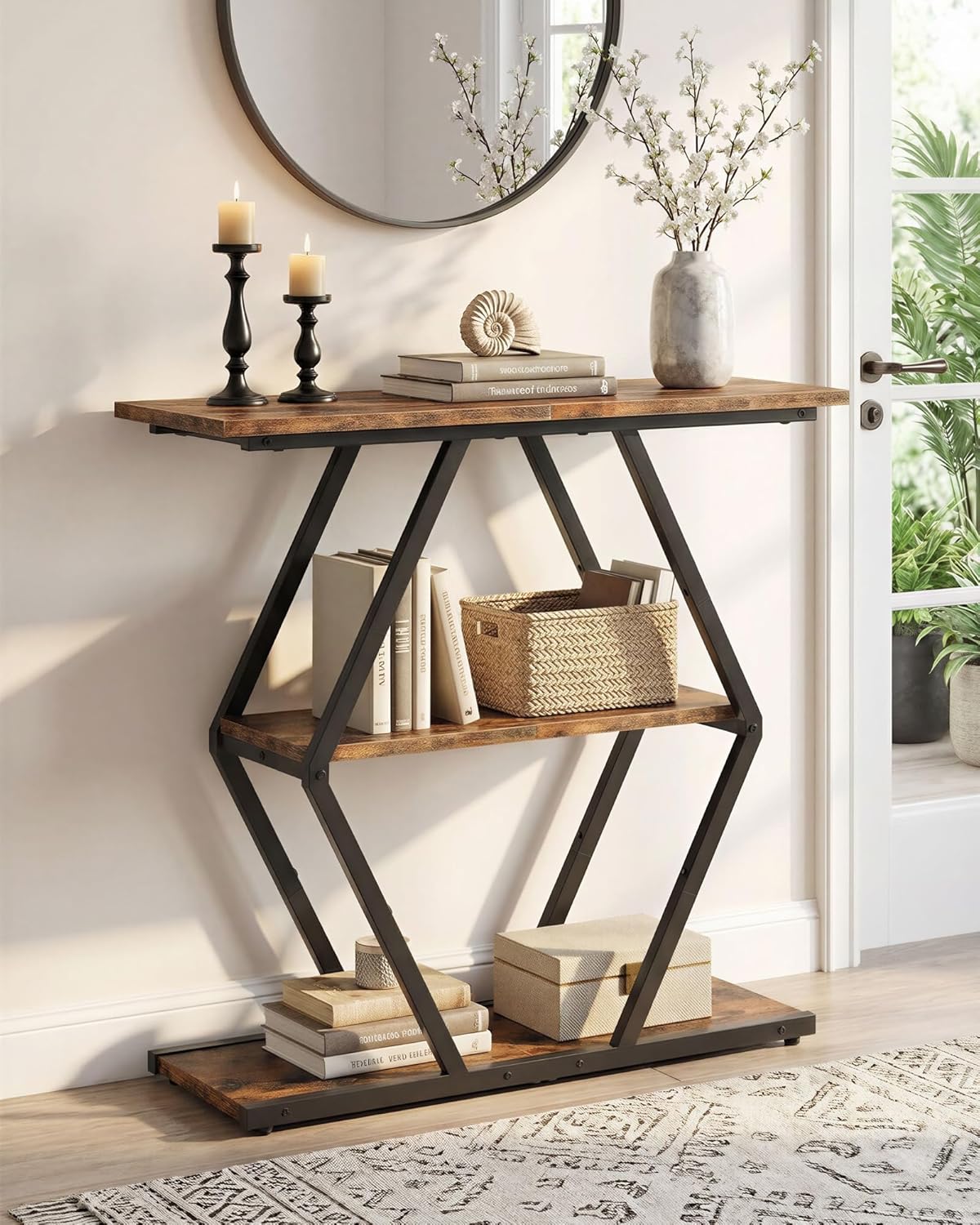 CHOEZON 3-Tier Console Table, Entryway Table, Sofa Table with Open Shelves, Diamond-Shaped Behind Coach Table, Industrial, for Hallway, Entryway, Living Room, Stairwell, Rustic Brown and Black TXG08BF