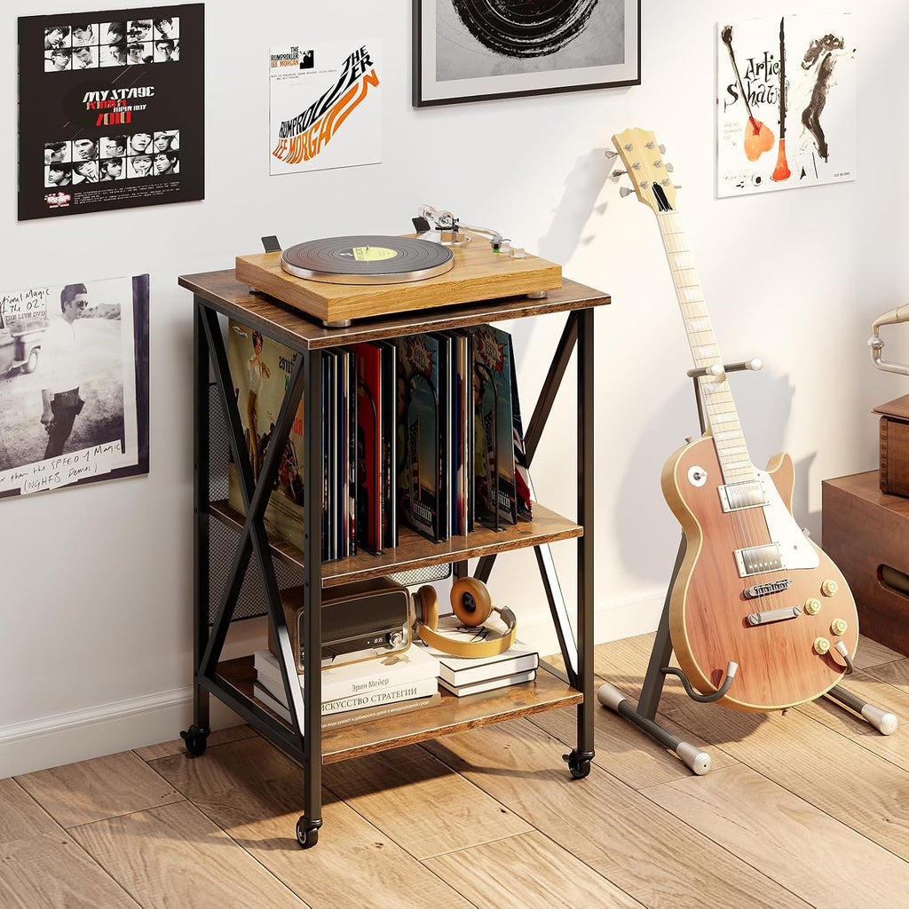 Giantex Record Player Stand with Charging Station, Turntable Stand with Record Storage & 4 Rolling Wheels, Vinyl Record Storage Table up to 250 Albums for Living Room, Bedroom (Dark Brown)