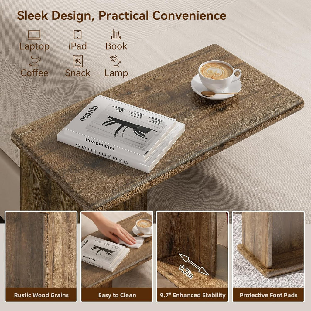 C-Shaped End Table for Couch, Small Side Table, Bedside Table for Sofa, Wooden Nightstand for Living Room Bedroom Laptop Work Desk, Easy Assembly, Rustic Brown, 23.6" D x 11.8" W x 23.6" H