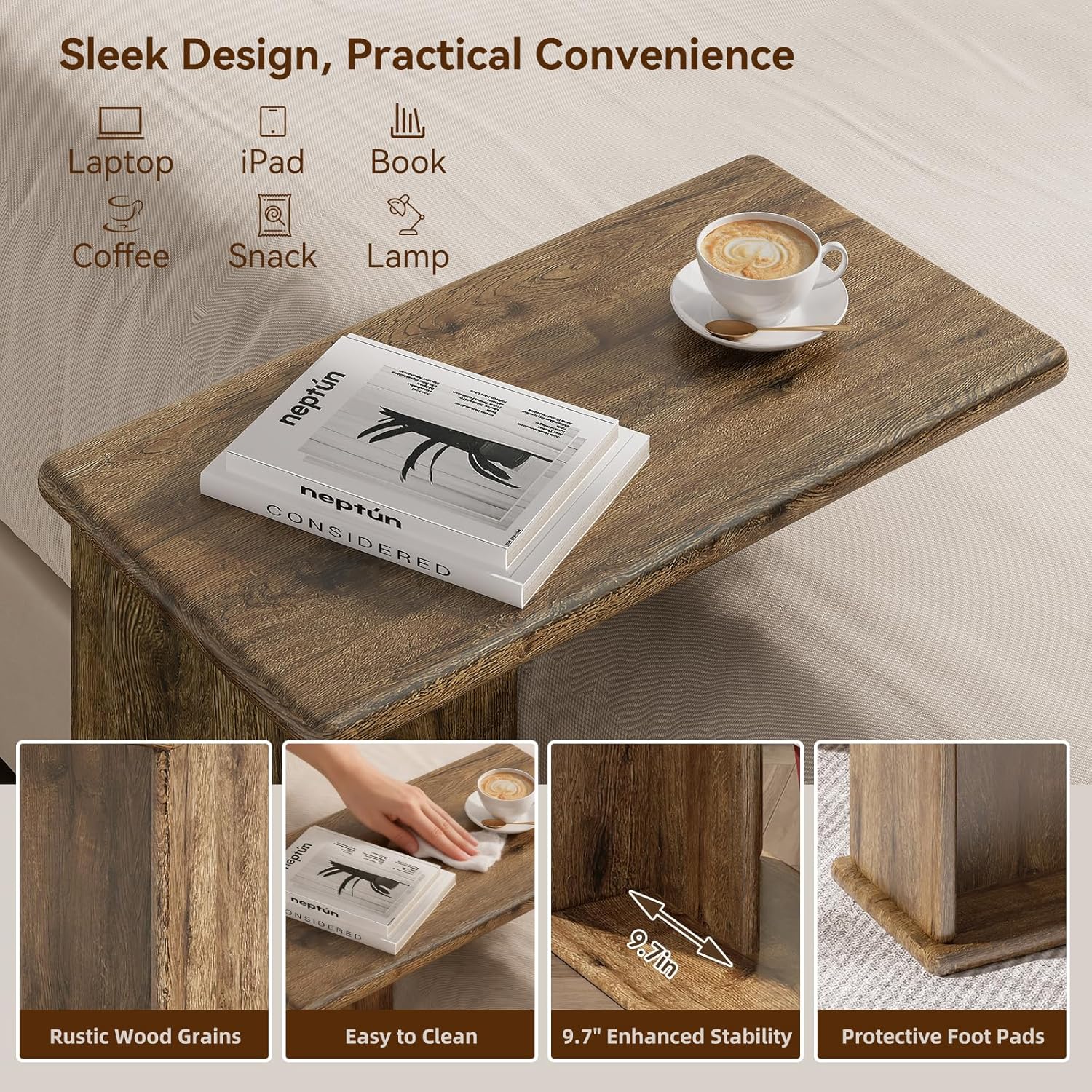 C-Shaped End Table for Couch, Small Side Table, Bedside Table for Sofa, Wooden Nightstand for Living Room Bedroom Laptop Work Desk, Easy Assembly, Rustic Brown, 23.6" D x 11.8" W x 23.6" H