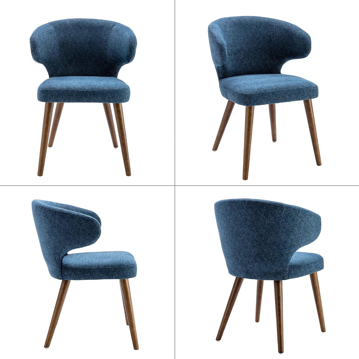 HNY Mid Century Modern Dining Chairs Set of 4, Upholstered Curved Wingback Accent Arm Chairs, Linen Side Chairs with Solid Wood Legs, Navy Blue