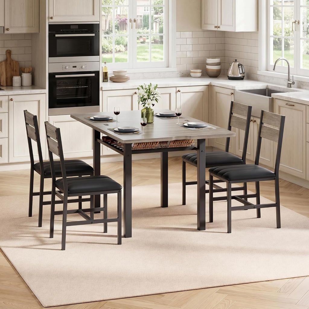 MapleGrace Extendable Dining Table Set for 4 with Storage Rack, 5-Piece Kitchen Table with 4 Upholstered Chairs, Metal Frame & MDF Board, Space-Saving for Small Apartment, Gray