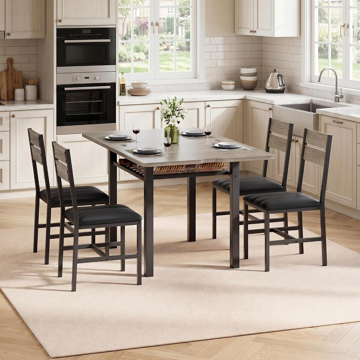 MapleGrace Extendable Dining Table Set for 4 with Storage Rack, 5-Piece Kitchen Table with 4 Upholstered Chairs, Metal Frame & MDF Board, Space-Saving for Small Apartment, Gray