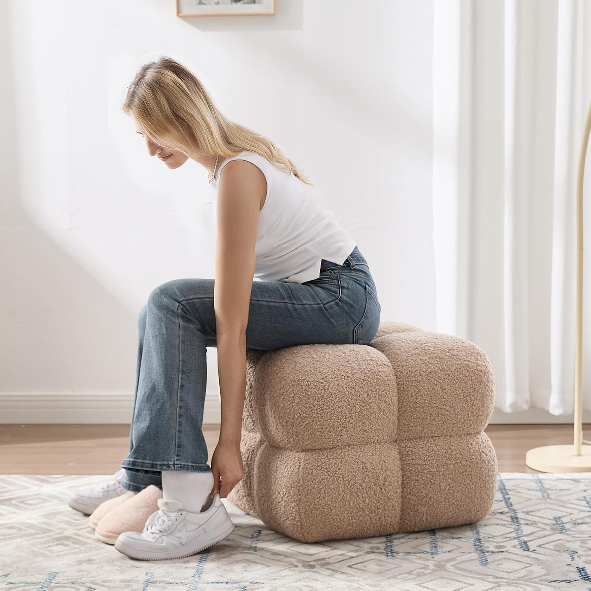 Zesthouse Square Pouf Ottomans Set of 2, Modern Vanity Chair for Bedroom | Sherpa Fabric Foot Rest for Couch, Upholstered Tufted Footstool, Poofy Ottoman Seat for Living Room Dorm, Fluffy Ottoman Tan