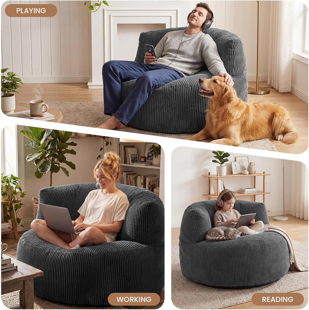 MASVIS Bean Bag Chair,3ft Memory Foam Bean Bag Chair for Adults Kids Teens,Soft Velvet Comfy Floor Chair with Supportive Backrest,Lazy Sofa Lounge Chair for Living Room Game Room,Portable Sofa,Grey