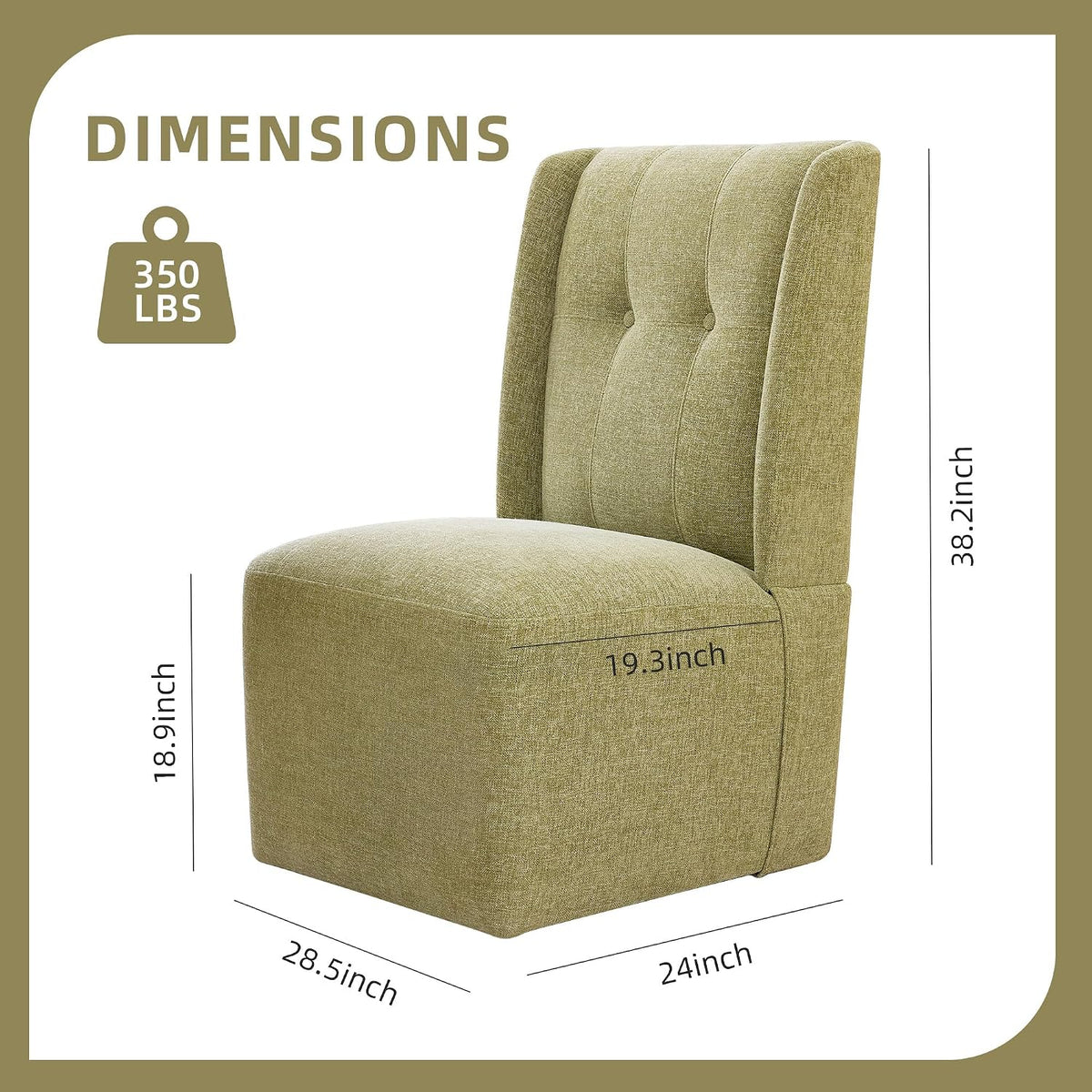 Rolling Dining Chair with Casters, Modern Upholstered Armless High Back Swivel Chair on Wheels for Dining Room, Kitchen, Living Room (Green)