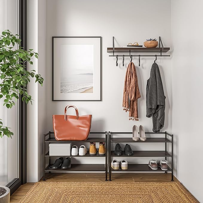 Seville Classics Sturdy Freestanding Storage Shelf for Bedroom, Closet, Entryway, Dorm Room Organizer Stackable Durable Metal Shoe Rack Espresso Slat, 3-Tier (NEW MODEL)