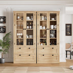 71" Tall Kitchen Pantry Cabinet - Modern Display Storage Cabinet with 2 Large Drawers, Glass Doors, and Adjustable Shelves, Farmhouse Kitchen Cupboard for Dining Room, Bathroom, Living Room, Natural