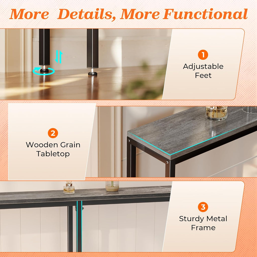 SUPERJARE 102.4 Inch Sofa Table with Power Outlets and USB-C Port, 5.9 Inch Narrow Console Tables, Entryway Hallway Couch Tables with Storage, Behind Sofa, Small Spaces, Living Room, Grey