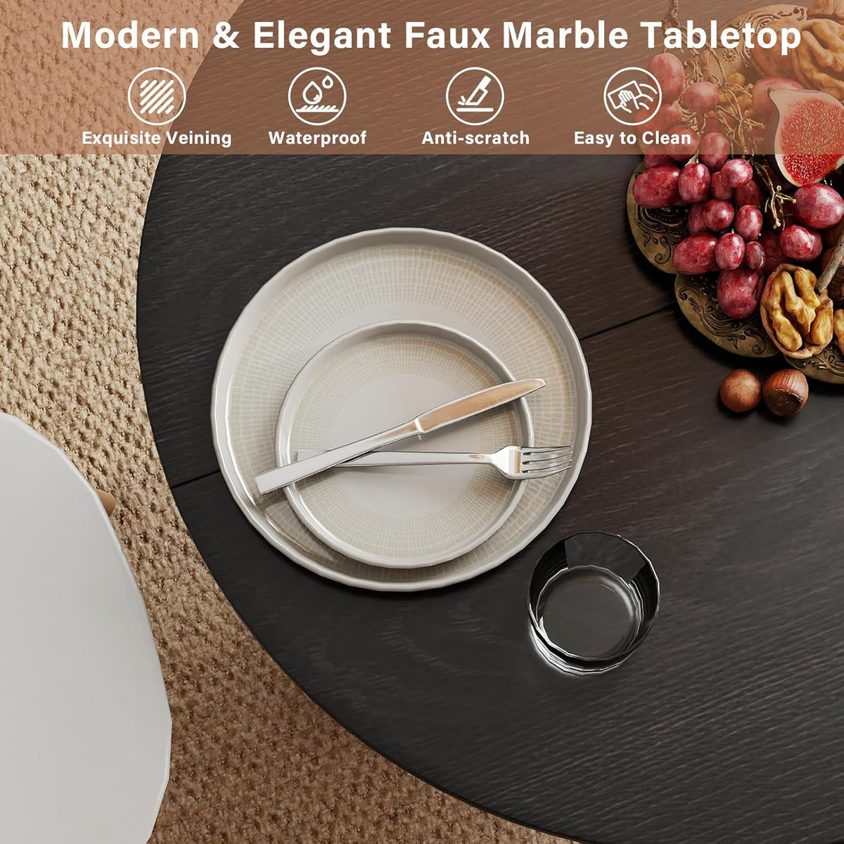 Round Dining Table with Storage,31.5" Modern Storage Kitchen Table for 2-4 People with Curved Sliding Door Fluted Wood Thickened Tabletop for Dining Room/Kitchen/Living Room,Black