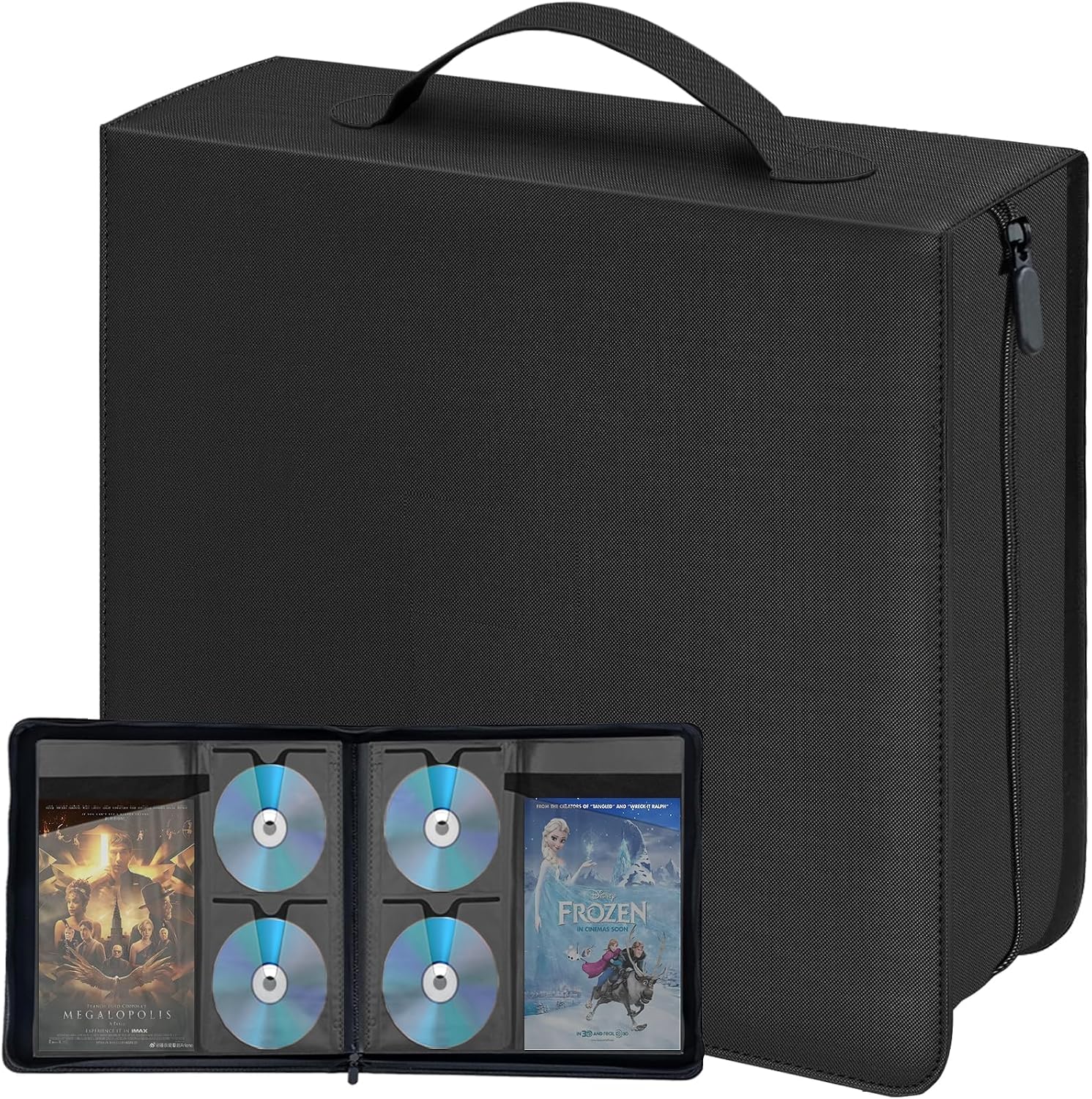 CD DVD Blu-ray Storage Binder with Handles, PU Leather Corver | Holds 200 Discs + 100 Booklet Pockets, for DVD/Blu-ray/Music CDs/Audio Disks, Portable Organizer