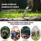 Handmade Damascus Hunting Knife,10.4"Fixed Blade Bowie Knife with Leather Sheath,Real Damascus Steel Knives with VG10 Core &Wood Handle,EDC Full Tang Knives for men women, Adventure,Survival,Hiking,Camping