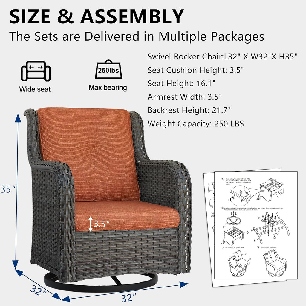 Outdoor Swivel Rocker Patio Chairs Set of 2 - Outdoor Wicker Swivel Glider Chairs 2 Pieces with Olefin Fabric Cushions Suitable for Backyard Deck and Porch(Mixed Grey/Orange)