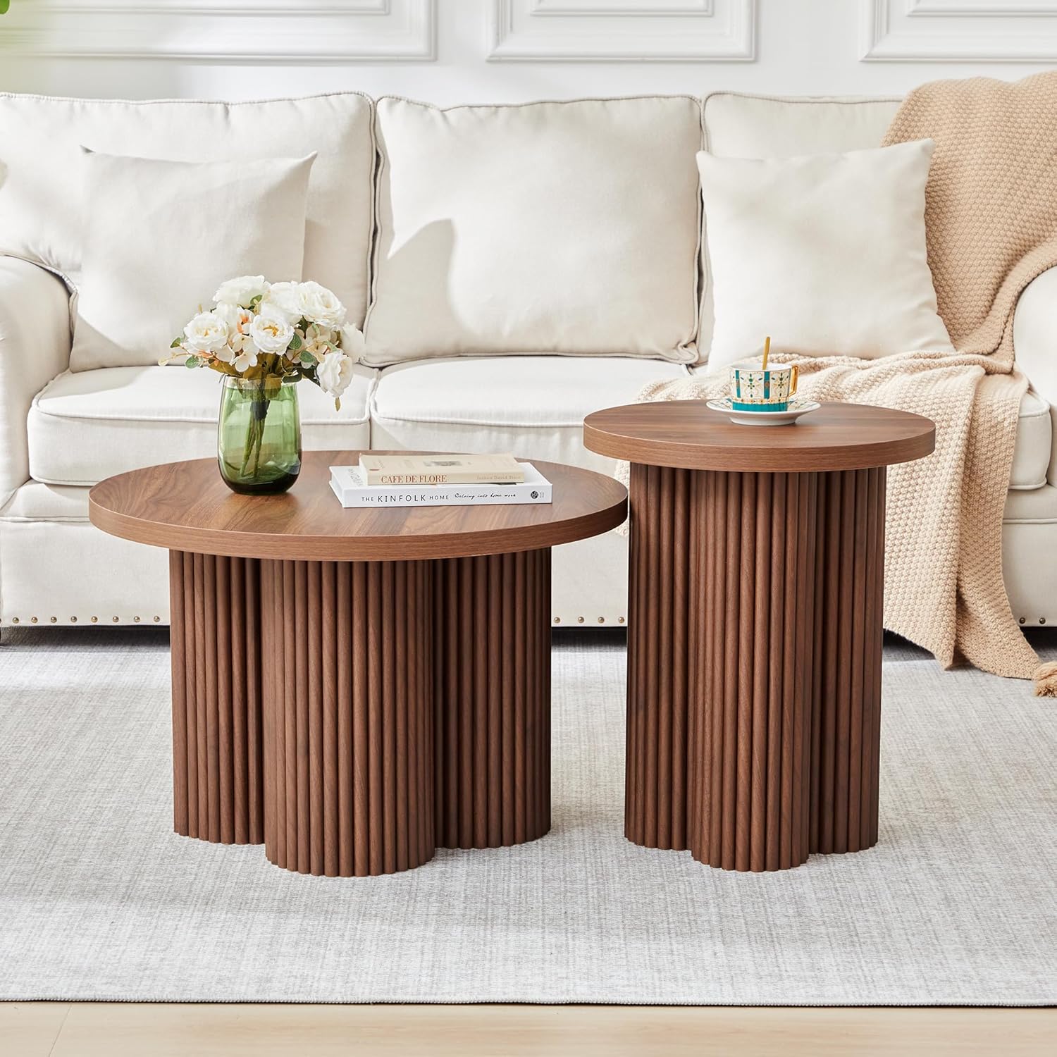 Nesting Coffee Tables Set of 2, Fluted Nesting Tables for Living Room, Multifunctional Round Coffee Table and Side Table Set Wooden Center Tables Small Coffee Table for Small Spaces Balcony