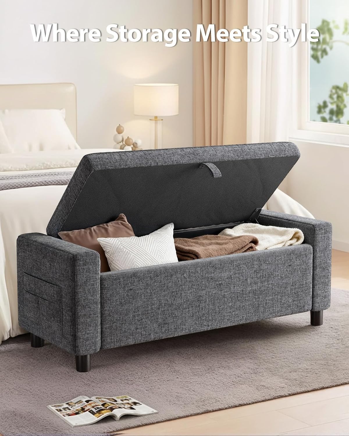 Amada 46" Storage Ottoman Bench, Side Pocket, Safety Hinge, Dark Gray | 30 Gallon (112 Liter) Hidden Storage, Holds 400 lbs, 3.14" Thick Foam, End of Bed Bench, Bench for Living Room, Bedroom