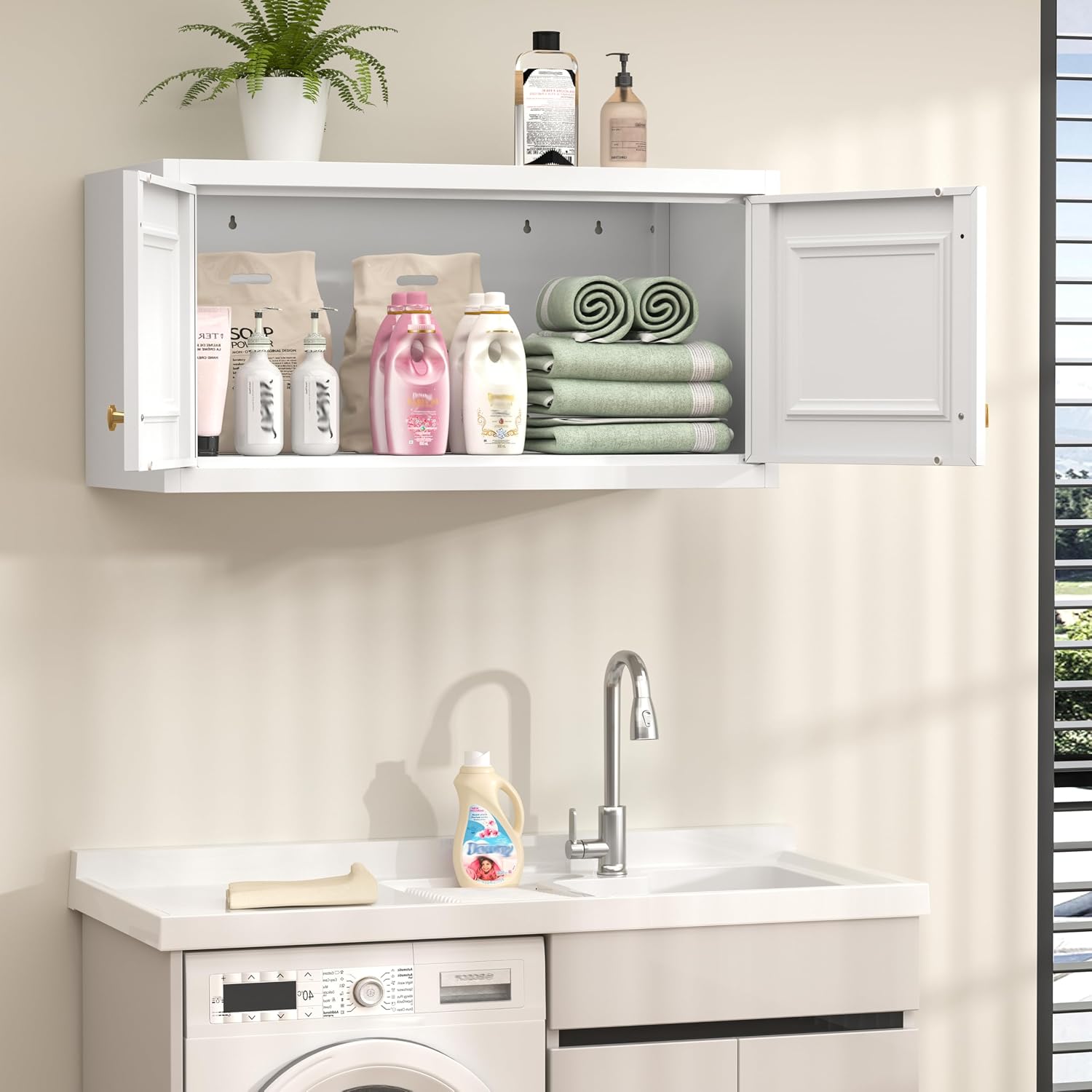 32" Wall Storage Cabinet with 2 Doors & Gold Handles | Black Metal, Hanging Design, 16D x 32W x 15H, for Bathroom & Kitchen, Anti-Tip, Easy Assembly, Hardware Included