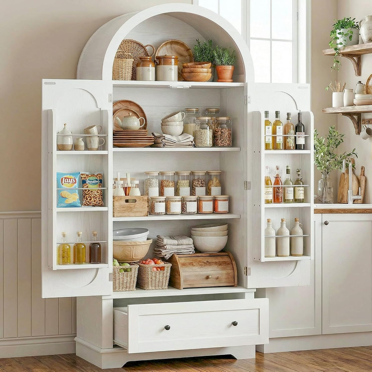 IRONCK 70.9 in Kitchen Pantry with Large Drawer Adjustable Shelves | kitchen pantry; 2 doors; large drawer; adjustable shelves; arched open shelving