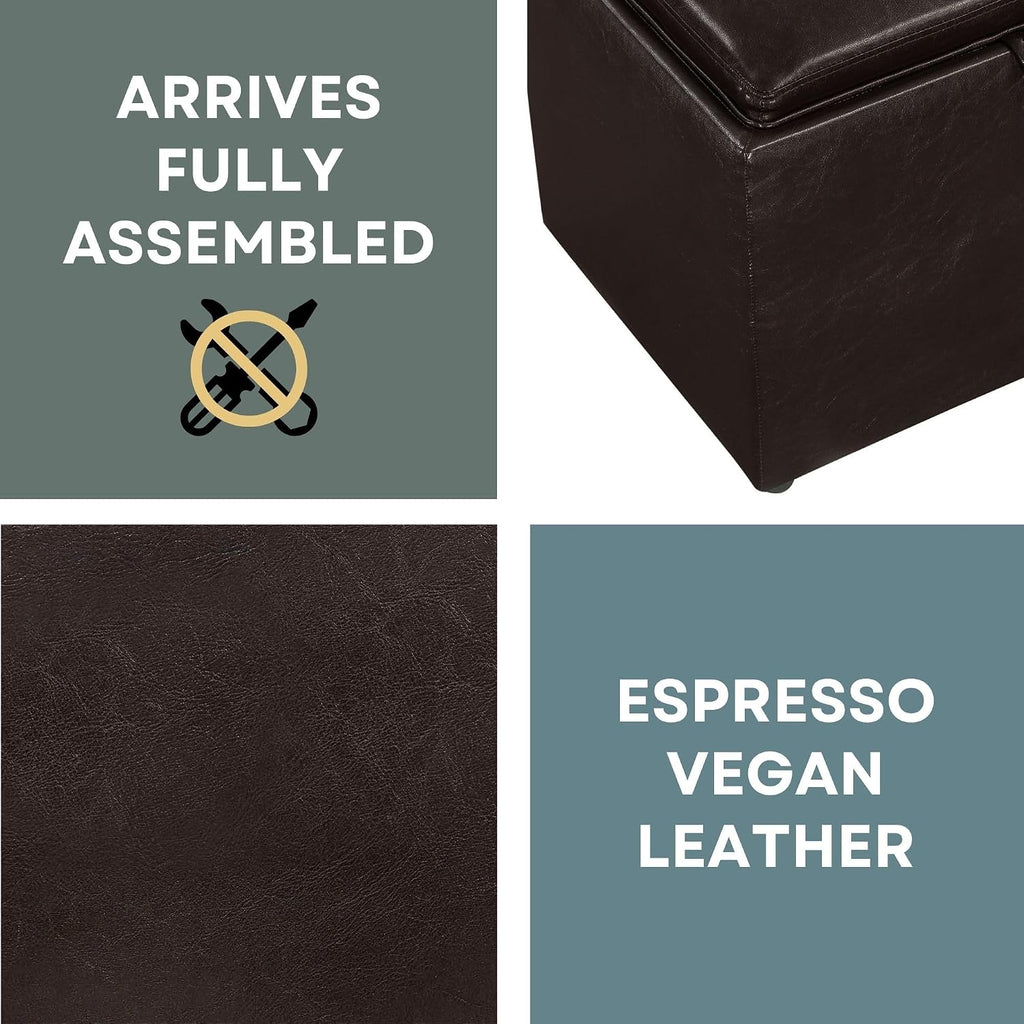 Convenience Concepts Designs4Comfort Accent Storage Ottoman 22.75" - Modern Foot Stool with Decorative Tray for Living Room, Dining Room, Office, Den, Espresso Faux Leather