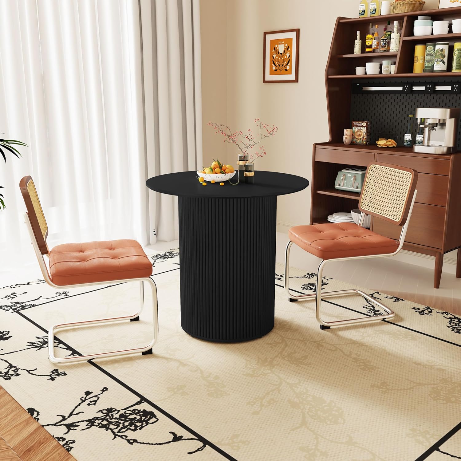 31.5 inch Round Dining Table for 2, Farmhouse Wood Fluted Dinner Round Kitchen Table with Wood Fluted Base, Mid-Century Modern Small Circle Dining Room Ta ble for Kitchen Living Room (Black)