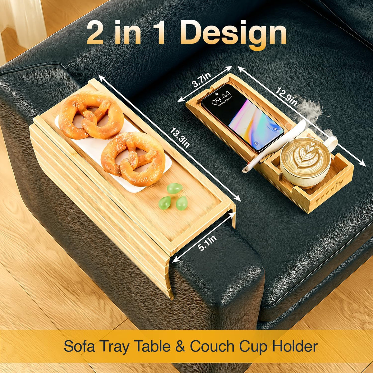 Bamboo Sofa Armrest Tray - Couch Arm Tray with Detachable Couch Cup Holder - 2 in 1 Anti-Slip Foldable Sofa Armchair Caddy Table - Cup Holder for Drinks Cellphone TV Remote Snacks