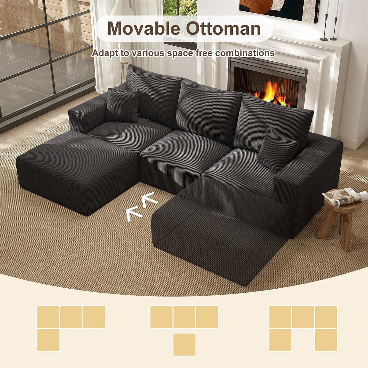 2 Square Cloud Footstool for Living Room, No Assembly Modular Corduroy Convertible Seat, Modern Style Sofa Accessory for Lounge or Bedroom