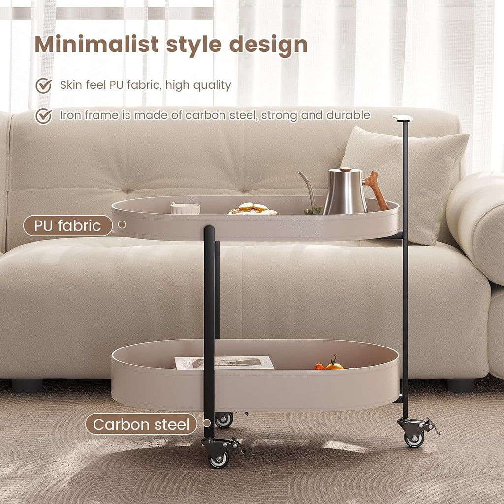 Oval End Table with Storage Shelves, 2-Tier PU Leather Tray Side Table with Wheels, Modern Sofa Table & Nightstand for Bedroom, Living Room, Compact Rolling Tray Table with Lockable Casters