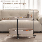 Oval End Table with Storage Shelves, 2-Tier PU Leather Tray Side Table with Wheels, Modern Sofa Table & Nightstand for Bedroom, Living Room, Compact Rolling Tray Table with Lockable Casters