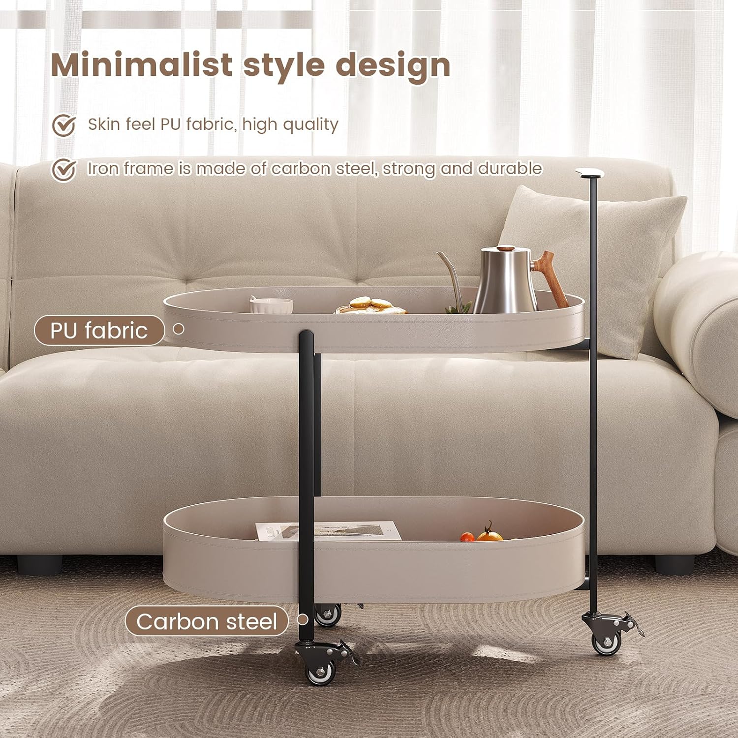 Oval End Table with Storage Shelves, 2-Tier PU Leather Tray Side Table with Wheels, Modern Sofa Table & Nightstand for Bedroom, Living Room, Compact Rolling Tray Table with Lockable Casters
