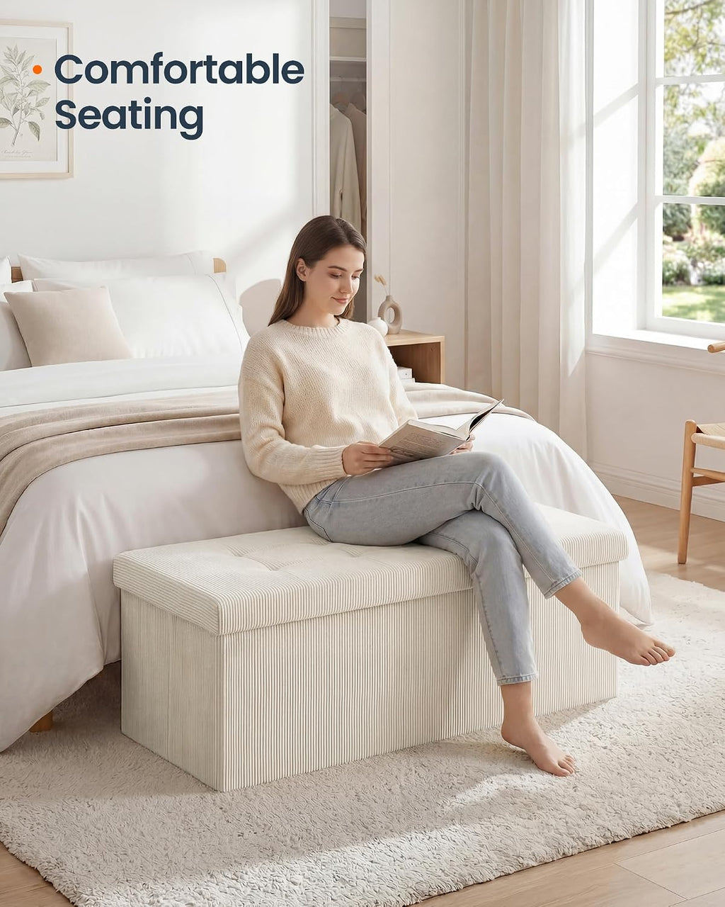 SONGMICS Home Ottoman with Storage, Removable Lid, Folding Storage Chest, Easy Assembly, for Entryway, Bedroom, Living Room, 15.2 x 43.2 x 15.2 Inches, Corduroy, Light White