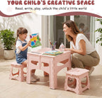 cdar Toddler Table and Chair Set, Kids Table and Chairs, 1 Folding Desk and 2 Chairs, Kids Folding Tables and Chair for Indoor Outdoor Use Light Pink