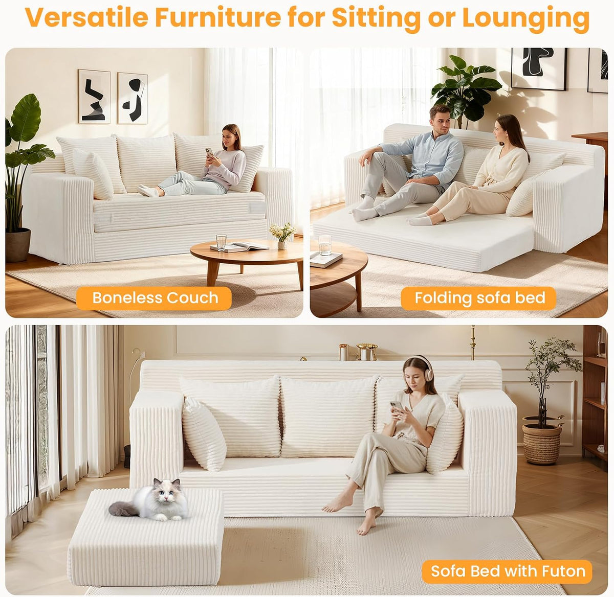 Couch 70 inch, 3 Seater Couch with Pull Out Bed, Loveseat Oversize Beige Futon Couch Floor Bed with 5 Pillows for Living Room Bedroom Lounge Small Space