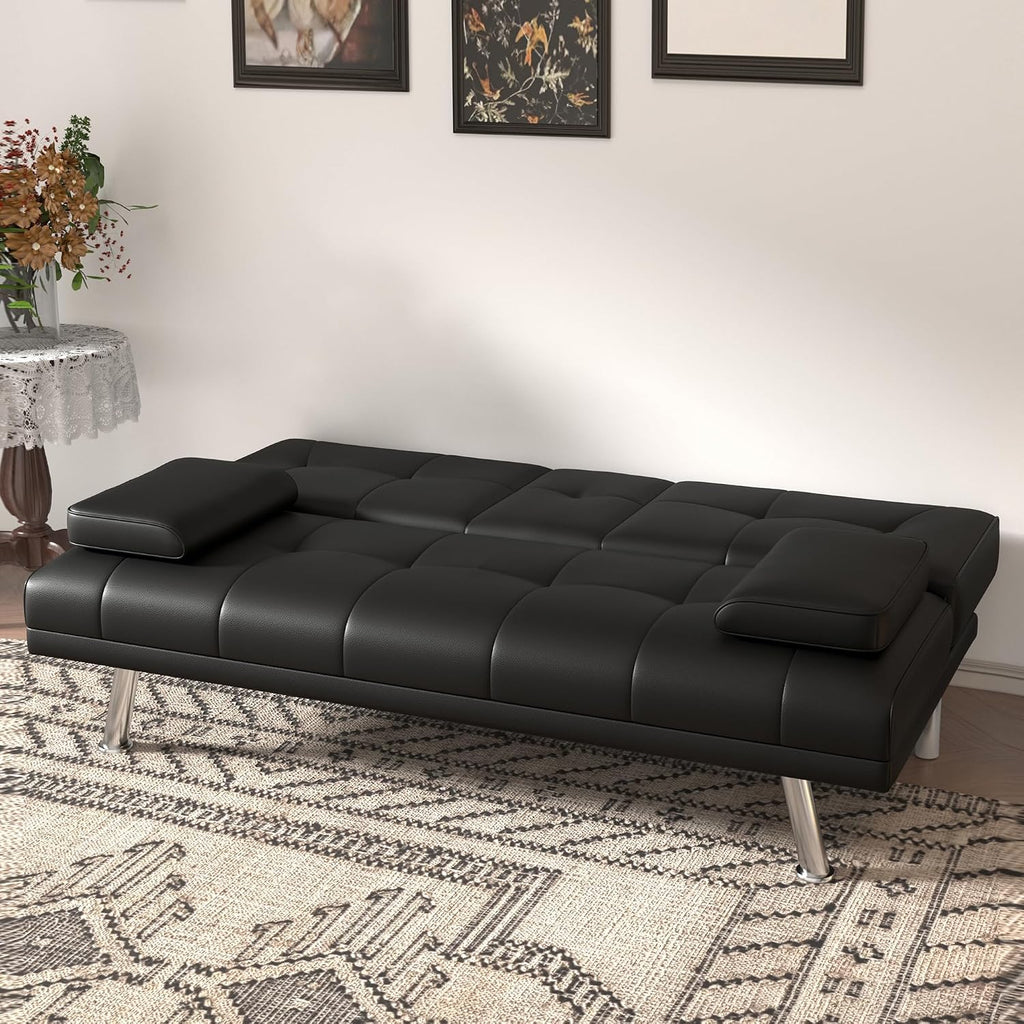 67"Modern Futon Sofa Bed,Convertible 3 in 1 Sleeper Bed Couches with Adjustable Backrest,Cup Holders,Comfy PU Leather Recliner Sofa Loveseat with Chrome Legs for Small Home Living Room (Black)