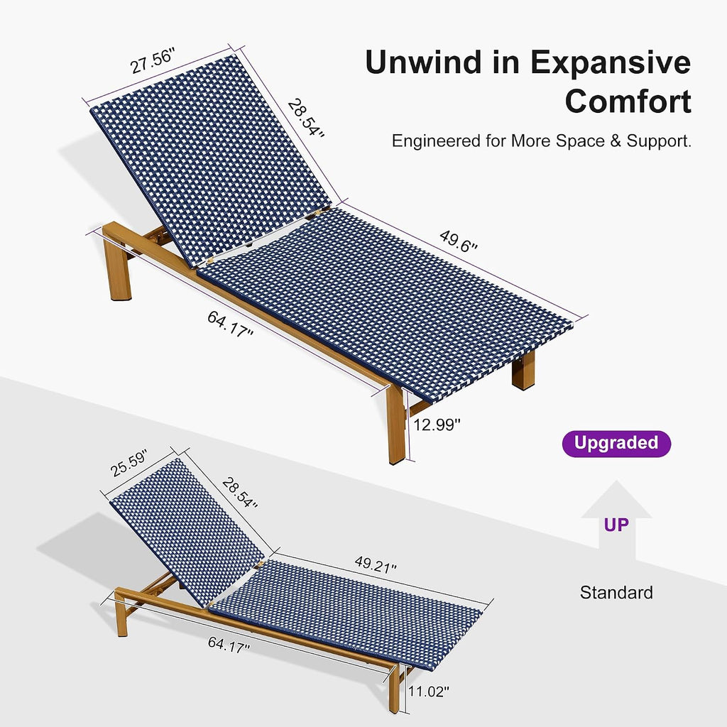 PURPLE LEAF Extra Wide Patio Lounge Chair Resort Wicker Set of 2, Navy | Handwoven Wicker, Teak Wood-Grain Aluminum Frame, 5 Adjustable Positions, Non-Slip Pads, Oversized Frame, 440 lbs Capacity