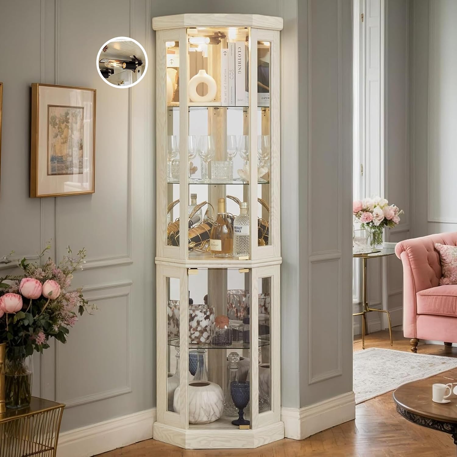 Corner Curio Cabinet, 70" H Lighted Glass Display Cage with Tempered Glass Doors and Adjustable Shelves, Bulb Inclued, Wine Bar China Cabinet for Living Room Liquor Storage (White)